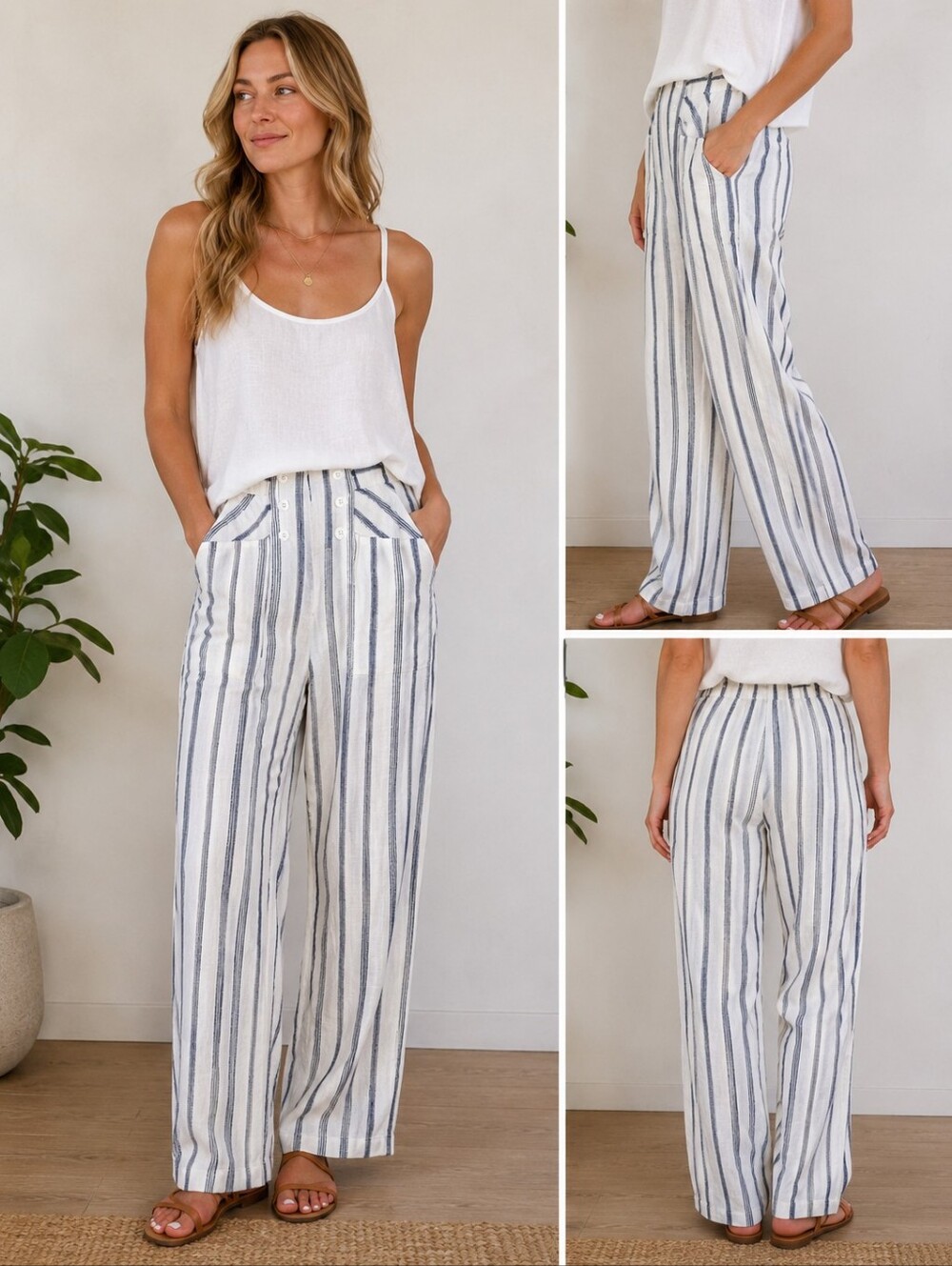 Anthropologie Cream and Blue Vertical-Stripe Linen Wide-Leg Pants
